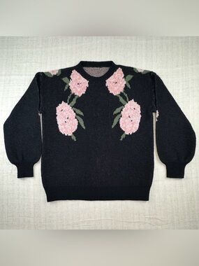SHEIN Floral Knit Sweater Small Black Pink Puff Sleeve Crewneck Cottagecore